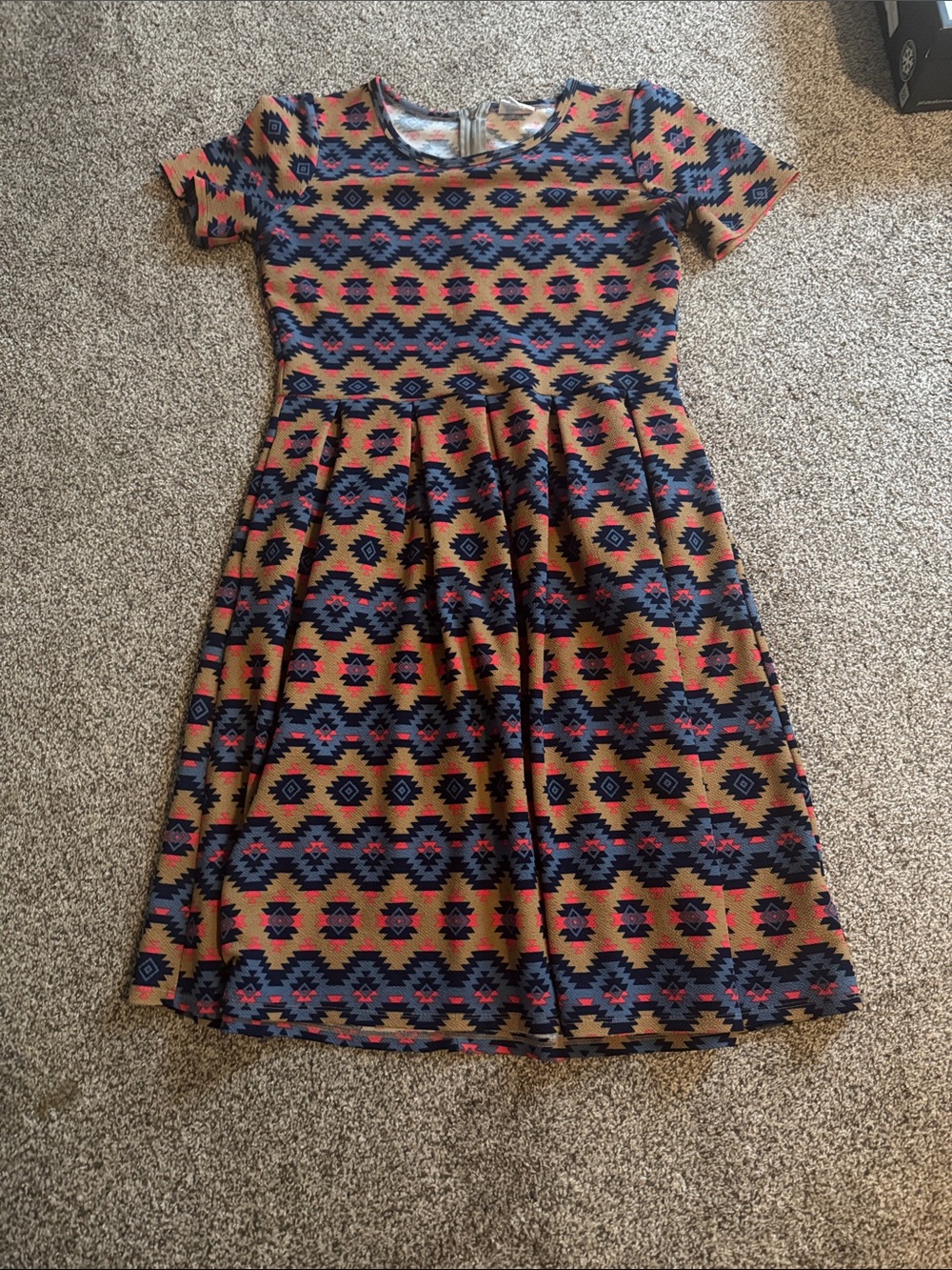LuLaRoe Amelia Midi Dress in Tan, Navy & Coral